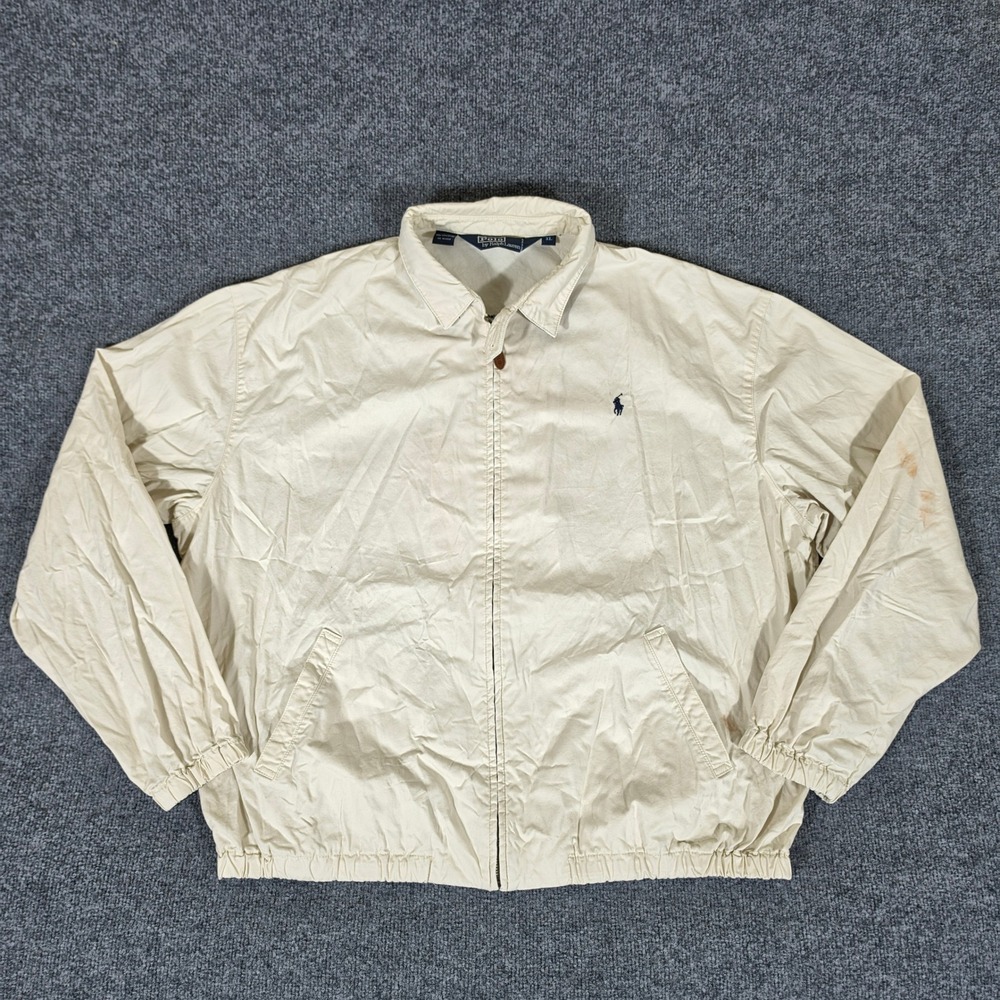 VTG 90s Polo Ralph Lauren Zip Up Harrington Jacket Ivory Mens Size XL Flaws